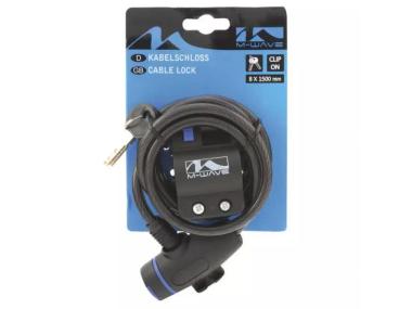 Zámek spirála M-WAVE 8x1500mm s Clip-on držákem na sedlovku , kouřový,2 klíče.